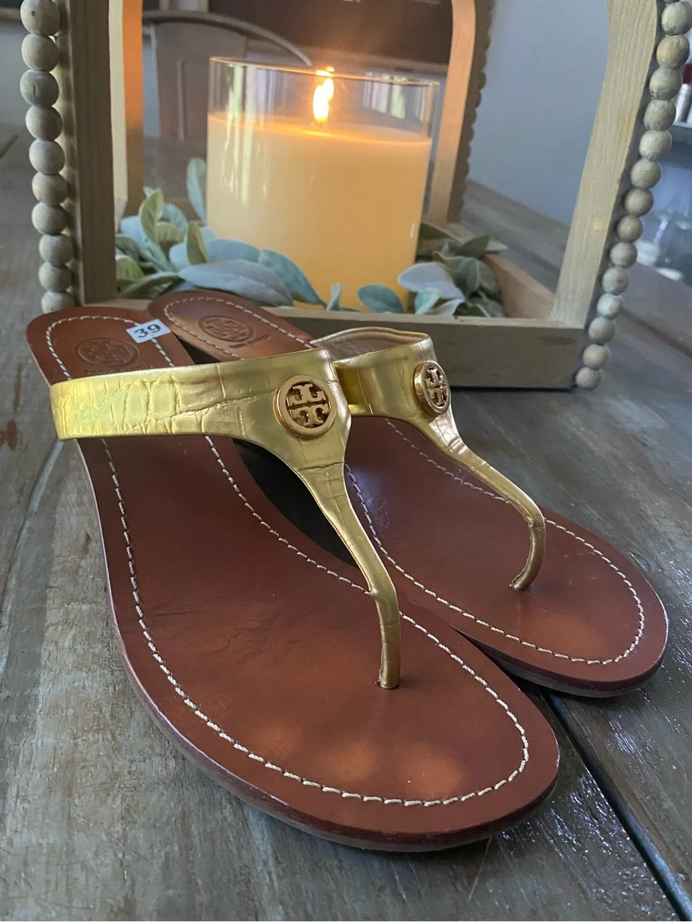 Tory Burch Cameron Wedge Logo Open Toe Thong Sandals Womens 10.5 Metallic Gold